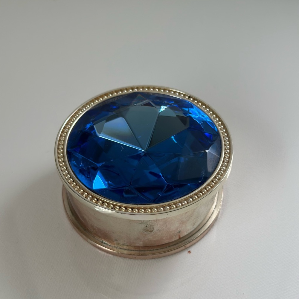 Vintage Silver Trinket Box with small Blue Gem Lid